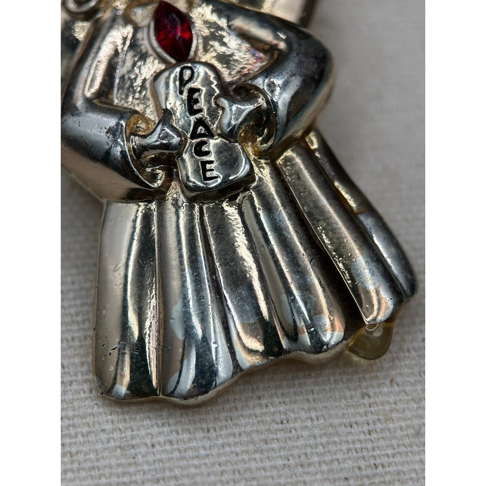 Vintage AAI Angel Brooch Pin Silver Tone Metal Red Rhinestone Christmas Figural